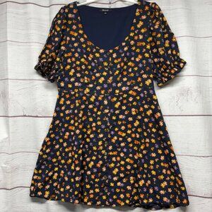 Madewell Floral Puff Sleeve Mini Dress Size 12 Navy Blue Happy Hibiscus
